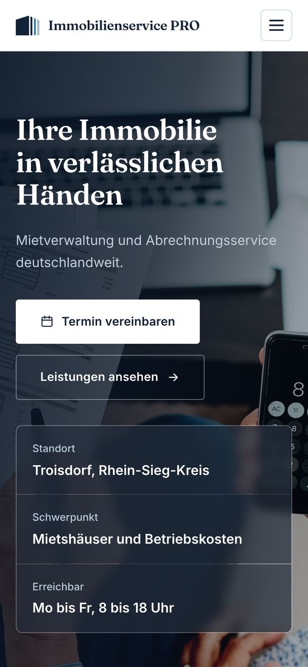 Immobilienservice PRO homepage at immobilienservice-pro.de on a phone