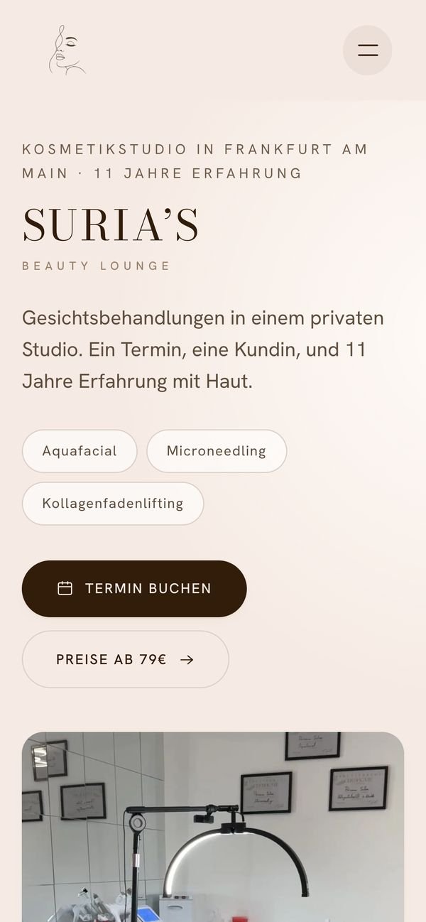 Suria's Beauty Lounge homepage at surias-beautylounge.de on a phone